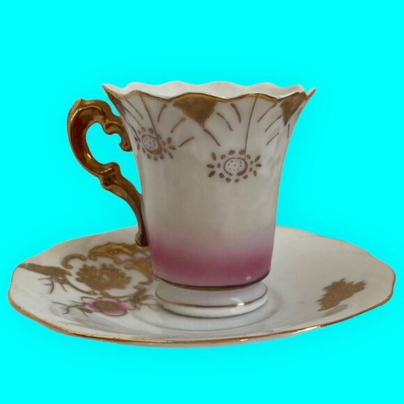 Occupied Japan Demitasse Cup & Japanese Saucer Hand Painted Pink and Gold - Picture 10 of 11